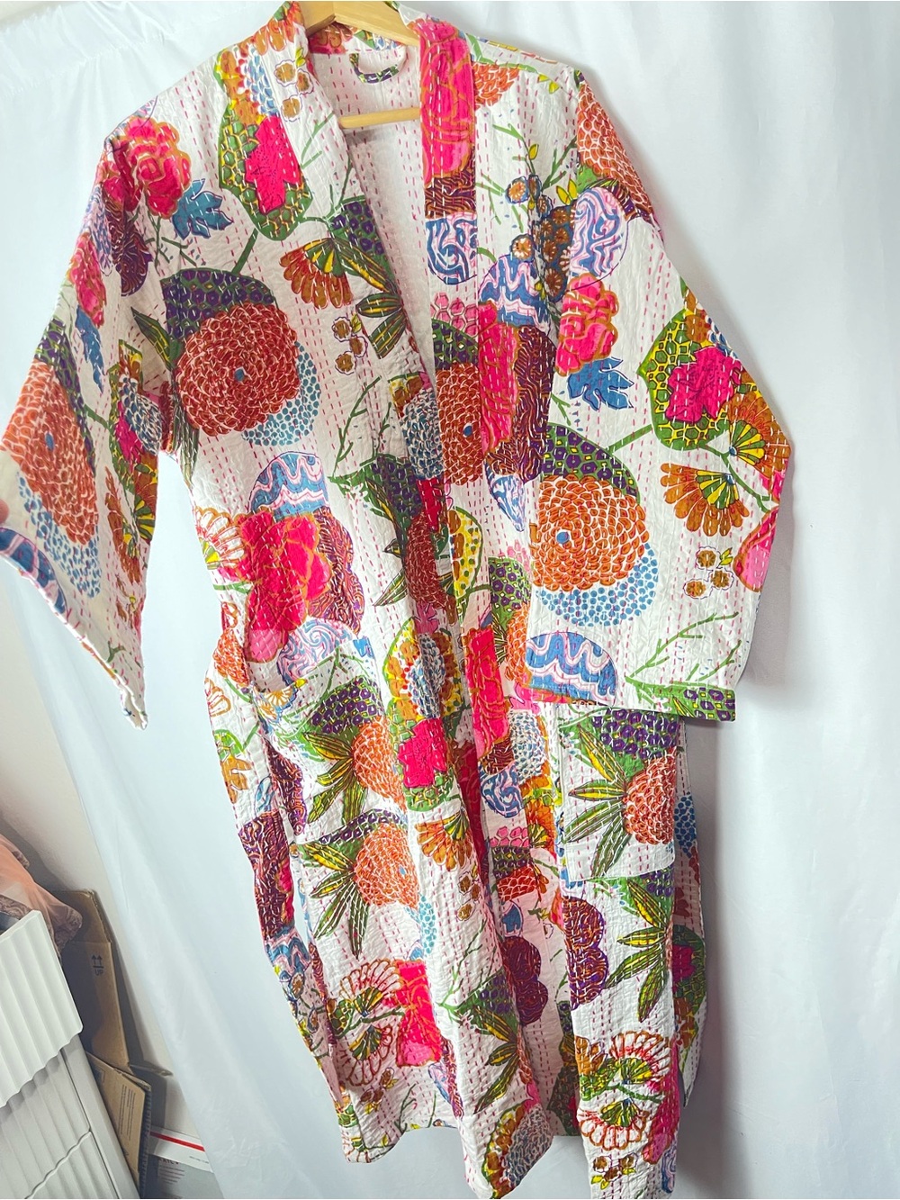 White Multicolor Floral Kantha Robe Cotton Kimono Boho One Size belted